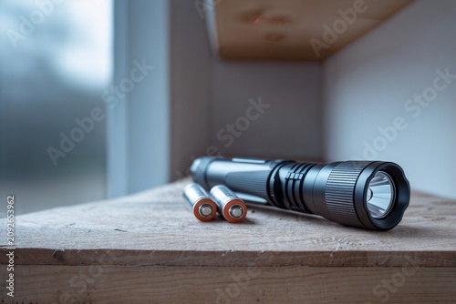 Black Flashlight With Spare Batteries on Wooden Shelf