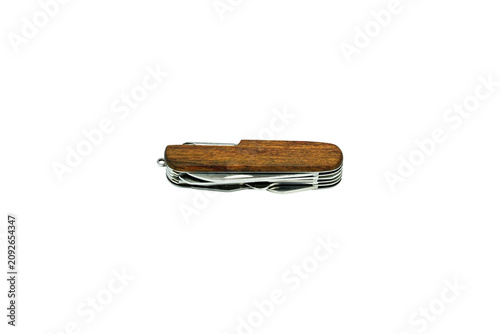 Wood Handle Folding Multi Tool Pocket Knife Isolated on Transparent Background PNG – Swiss Style Camping Utility Tool