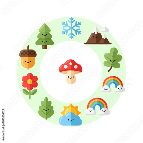 Cute Seasons Circle, Winter, Spring, Summer, Autumn Icons, Kawaii Nature Elements