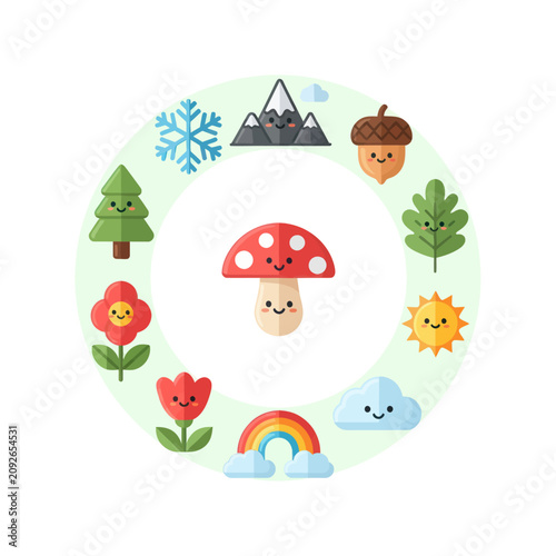 Cute Seasons Circle with Smiling Characters: Winter, Spring, Summer, Autumn