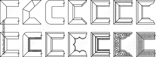 Tableau sur toile A detailed collection of twelve different architectural corner molding profiles presented as a clean black and white line drawing for interior design reference purposes