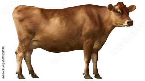 Brown Jersey cow standing, isolated on transparent background