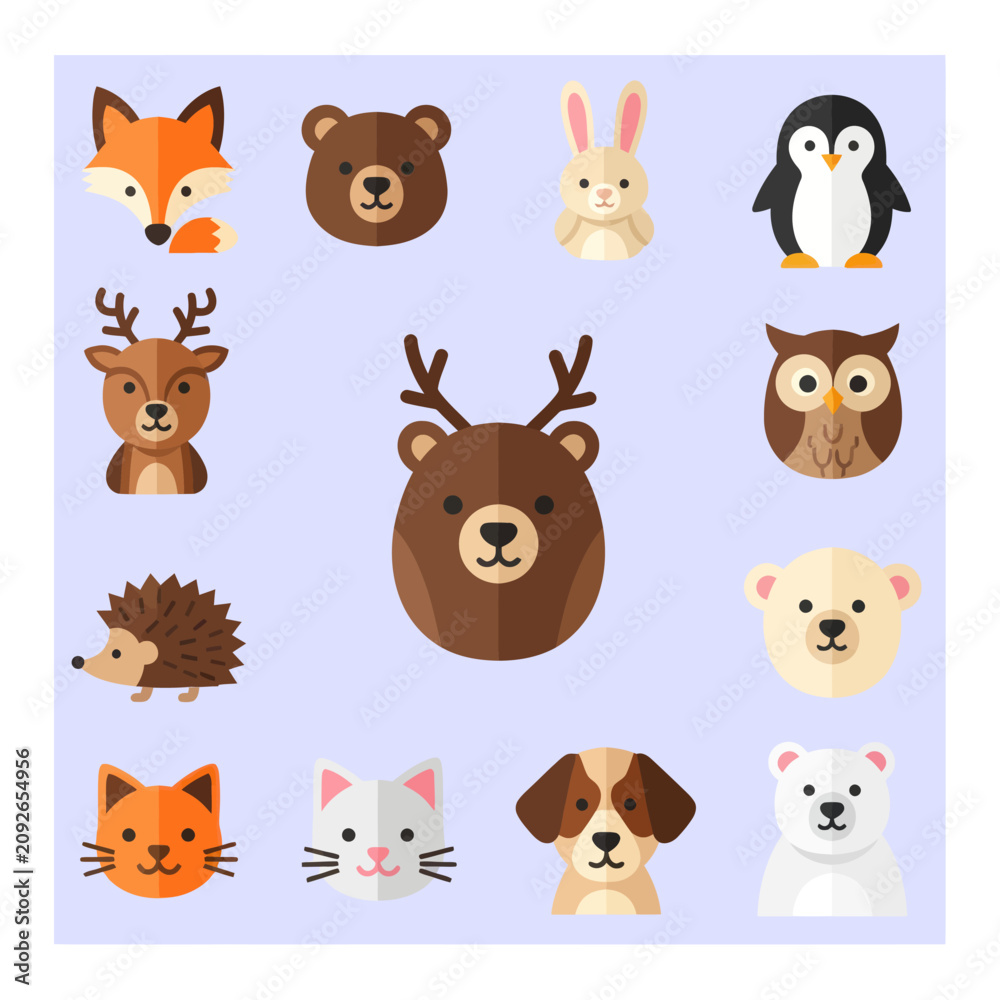 Obraz premium Cute Woodland Animal Faces Collection - Fox, Bear, Rabbit, Penguin, Deer, Owl, Hedgehog
