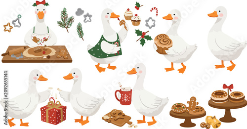 A collection of cute watercolor geese preparing for christmas celebrations with festive decorations cookies baking tools and wrapped presents isolated on white background