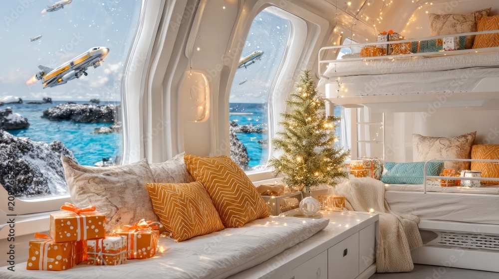 Fototapeta premium Cozy Arctic Research Station Bunkroom Decorated for Christmas Holiday