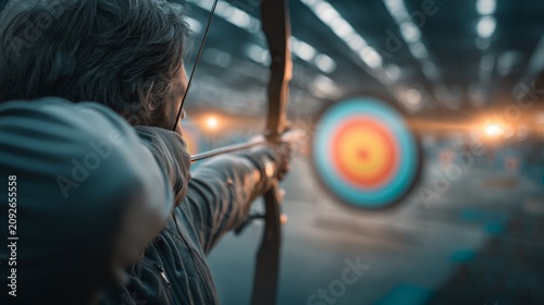 Male Archer in Full Draw Under Dramatic Competition Spotlight