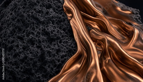 Abstract Split Texture Composition of Black Volcanic Lava Rock and Liquid Copper Silk