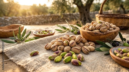 Golden hour pistachios and olives rustic still life with mediterranean grove backdrop