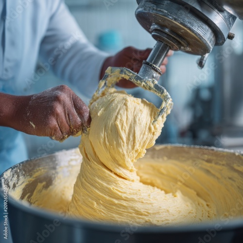 Close up of industrial dough mixing with hand and mixer paddle in commercial bakery for design, packaging, poster, food background