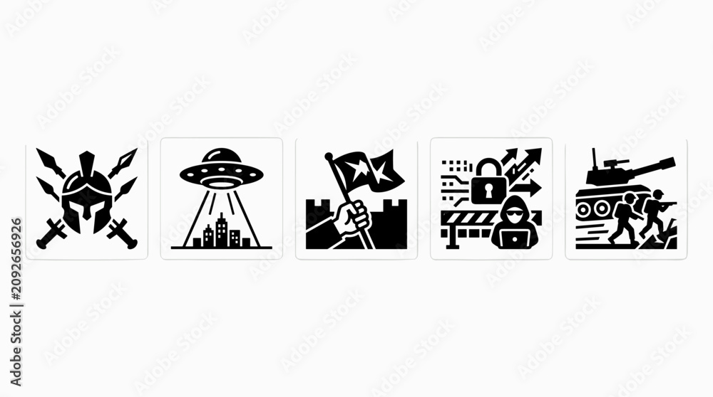 Fototapeta premium Set of Military and Cyber Warfare Strategy Icons