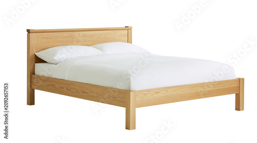 Cuadro en lienzo Natural wood bed frame with white bedding, isolated on transparent background