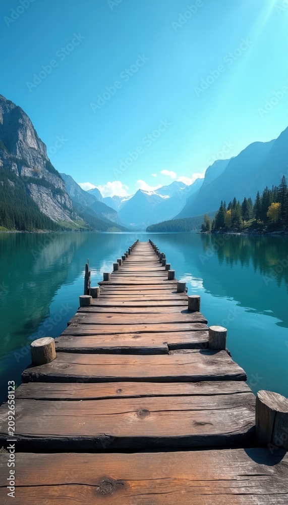Fototapeta premium Wooden pier extends over clear blue lake water towards distant mountains under bright sun. Pine forest lines distant shore, reflecting on calm surface. Serene mountain landscape offers peaceful,