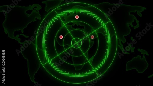 4K Green Radar Targeting System With World Map HUD Interface Targets Scanning Seamless Loop Video
