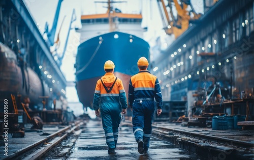 Marine Engineers Walking Away from Camera Along Naval Shipyard Path