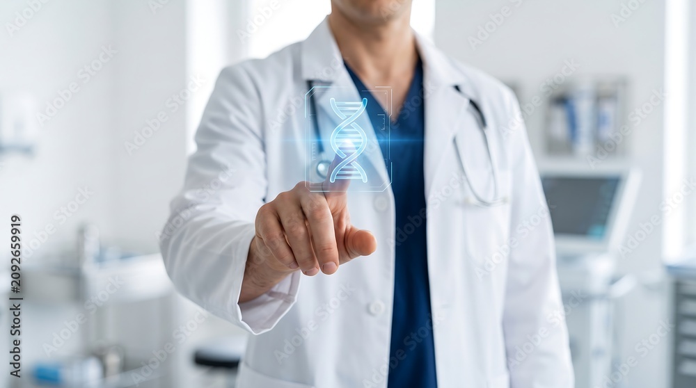 Fototapeta premium Doctor Touching Digital DNA Hologram in Modern Medical Clinic