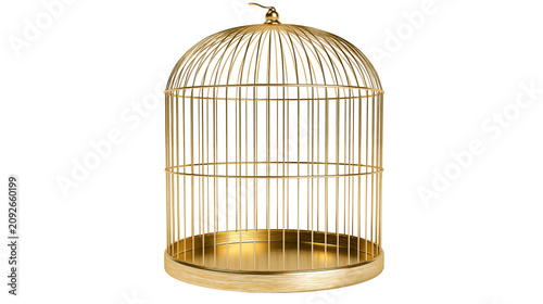 Elegant golden wire birdcage with domed roof, isolated on transparent background