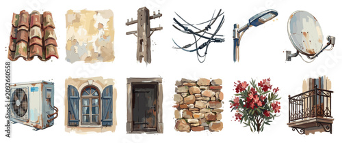 Old building elements icons set. Architectural details and urban infrastructure concept. Includes roof tiles, cracked wall, utility pole, tangled wires, street light, satellite dish, air