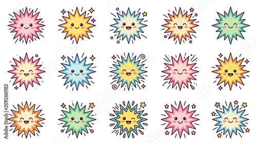 Принти на полотні Set of Cute Cartoon Starburst Characters with Happy Faces.