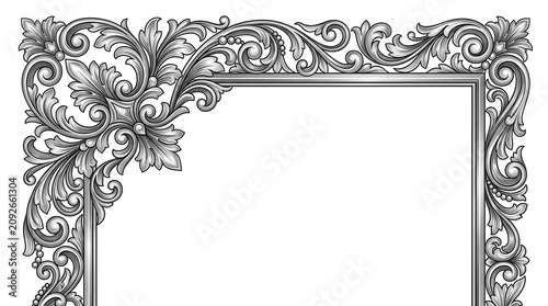 Ornate silver frame, decorative border, elegant floral pattern, empty picture frame, luxury design element isolated on White Background