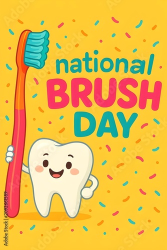 National Brush Day Typography Concept with Toothbrush and Dental Care Elements for Oral Hygiene Awareness