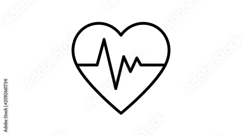 Black outline heart shape with electrocardiogram line, isolated on transparent background