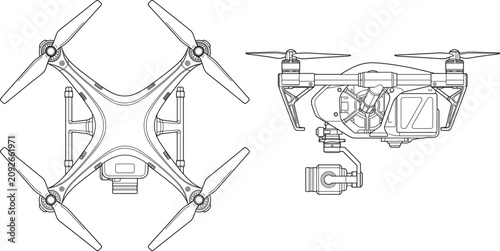 Camera drone vector sketch showing top and side view outline blueprints for industrial technology design