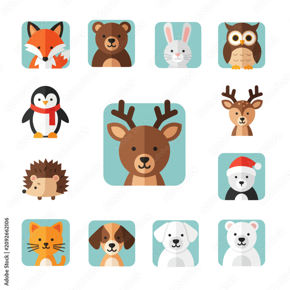 Obraz premium Cute Woodland Animal Icons Set: Fox, Bear, Rabbit, Owl, Penguin, Deer
