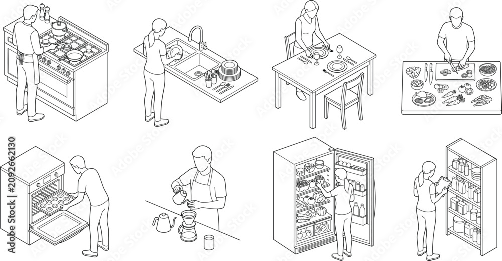 Obraz premium Isometric kitchen activities and people cooking vector outline sketch icon set for interior design