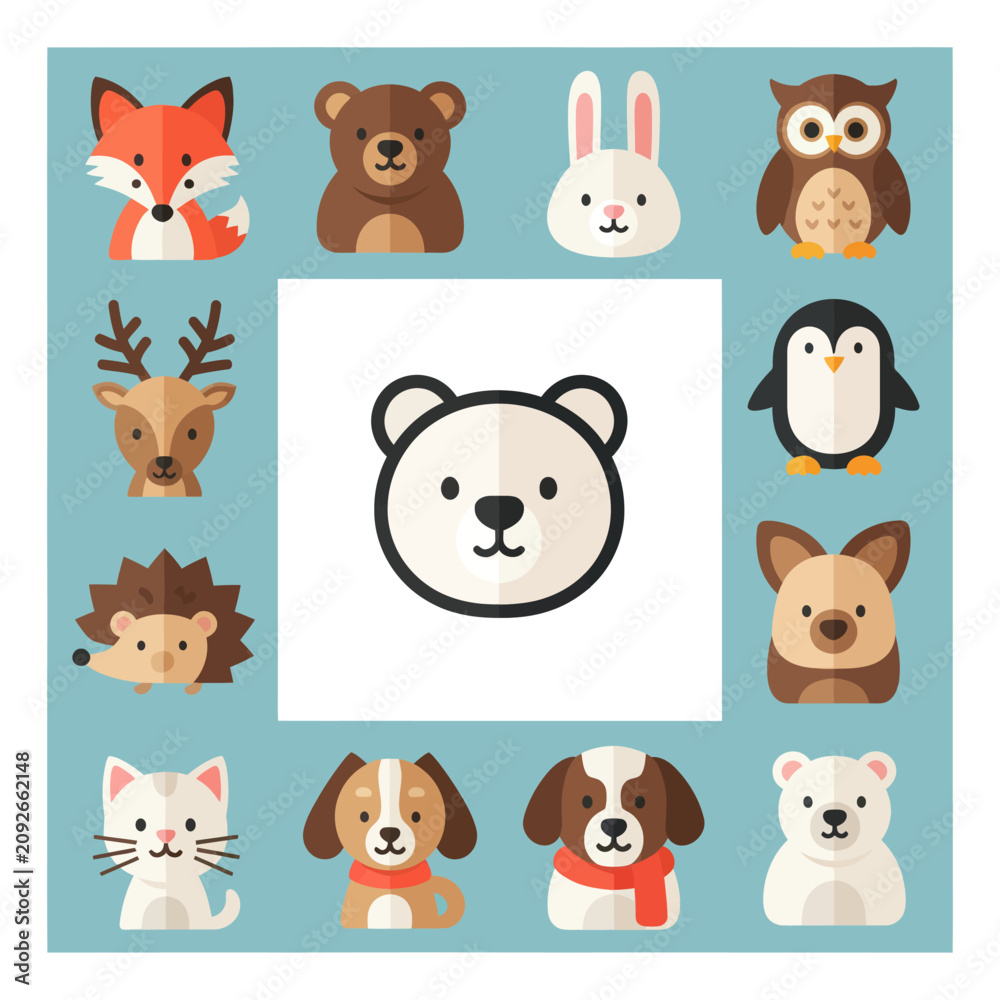 Obraz premium Cute Woodland Animals Cartoon Collection - Fox, Bear, Rabbit, Owl, Deer, Penguin