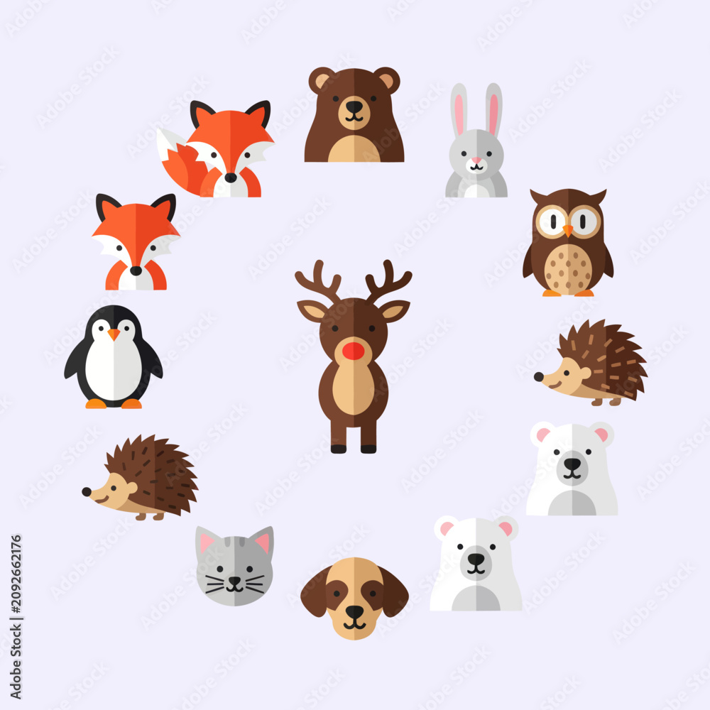 Fototapeta premium Cute Woodland Animals Circle Arrangement: Fox, Bear, Rabbit, Owl, Hedgehog, Polar Bear, Dog, Cat, Penguin, Reindeer