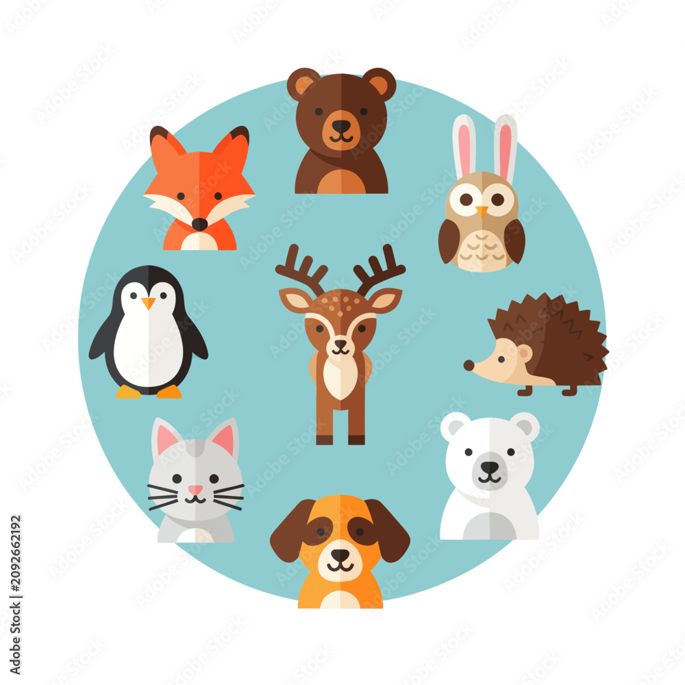 Naklejka premium Cute Woodland Animals Circle Collection - Fox, Bear, Owl, Deer, Penguin, Cat, Dog, Hedgehog, Polar Bear