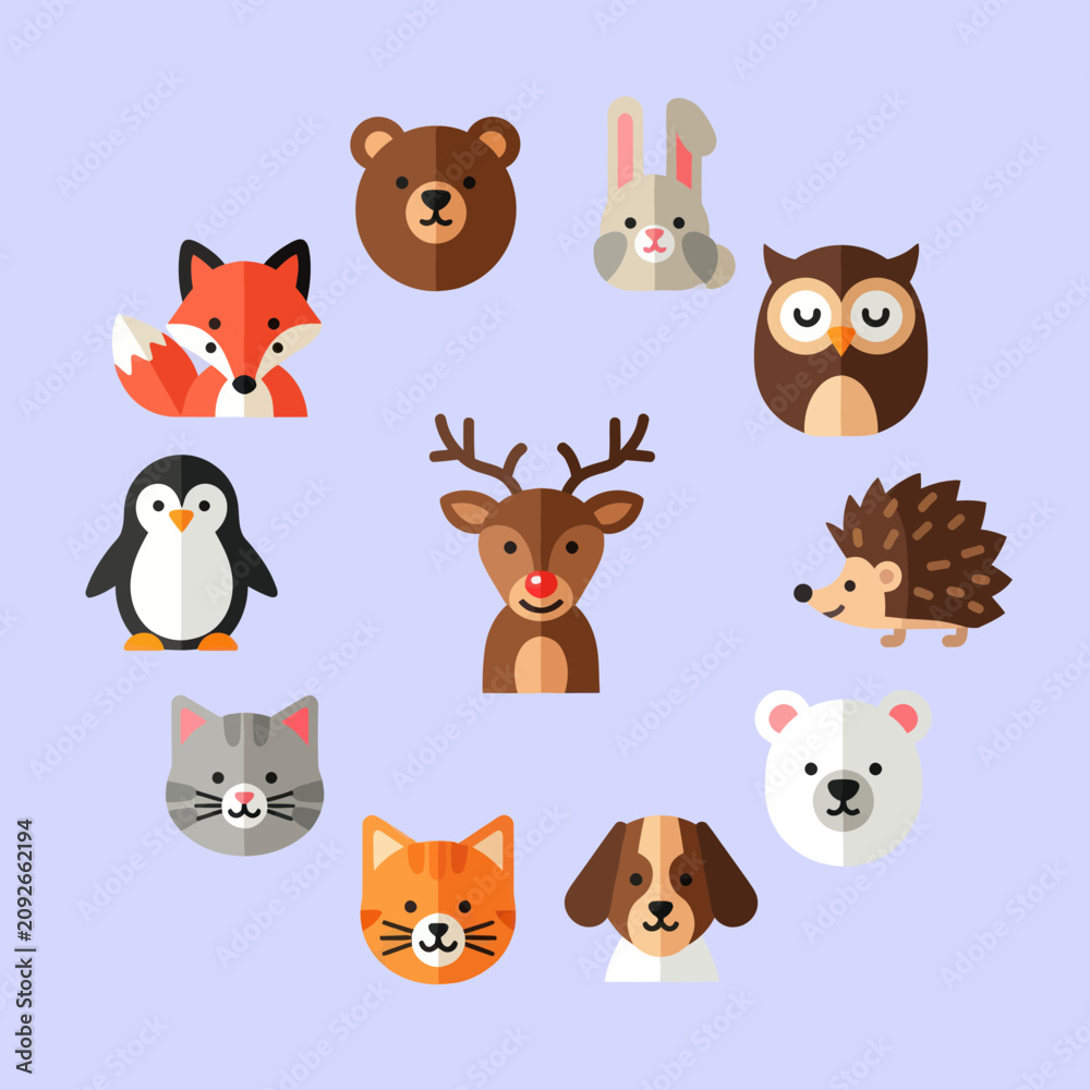Fototapeta premium Cute Woodland Animals Circle Collection - Fox, Bear, Rabbit, Owl, Deer, Hedgehog, Dog