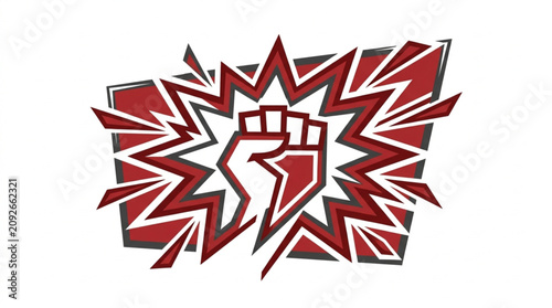 Schilderij op canvas Red Fist Symbol with Explosive Burst Graphic.