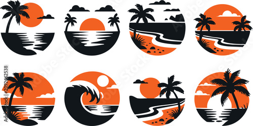 Coconut half with sunset beach inside vector
