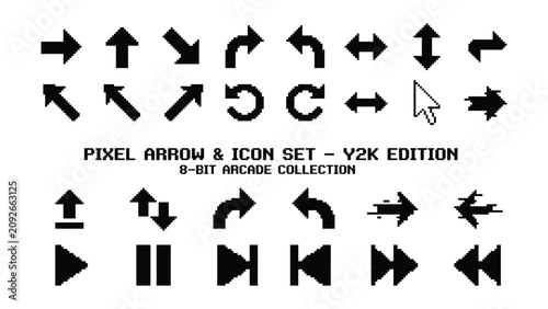 Pixel arrow and icon set in Y2K style for 8bit arcade designs  various black arrows and symbols on white background
