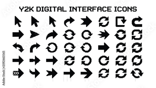 Y2K digital interface icons set with various arrow and cursor symbols  pixel art style graphics collection