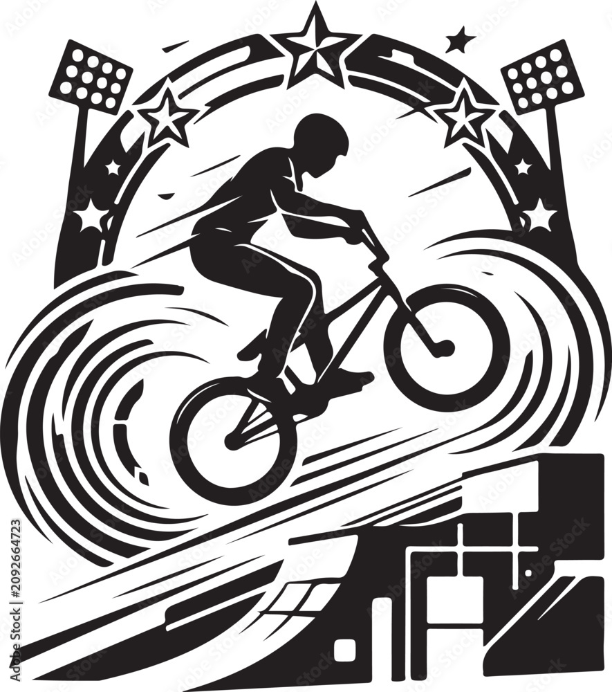 Obraz premium BMX rider performing jump on ramp during competition under stadium lights with starburst