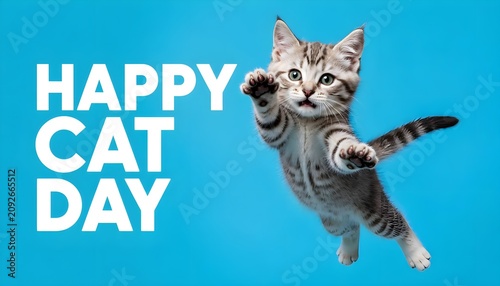 Happy Cat Day Creative Banner with Cute Fluffy Tabby Kitten Flying in Blue Sky