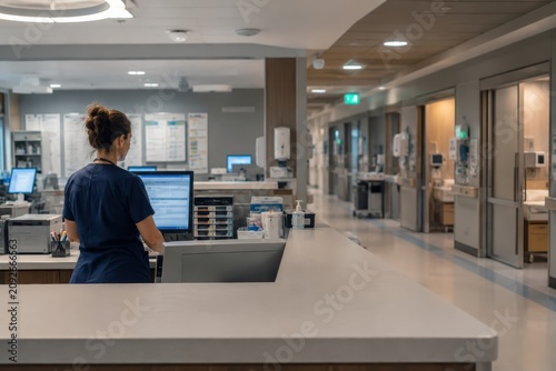Modern Nursing Station with Nurse Coordinating Patient Care