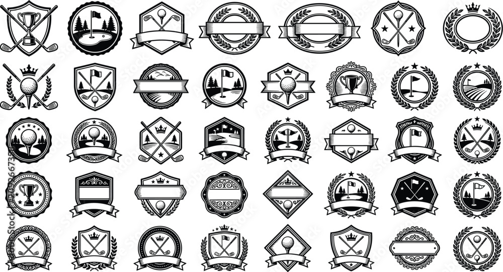 Fototapeta premium Vintage golf emblem set with geometric badges heraldic shields crossed clubs tournament ribbons crowns and laurel wreaths vector templates