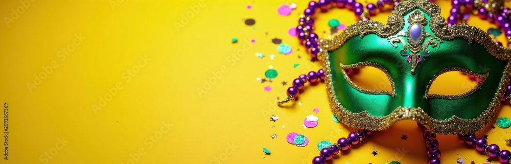 Fototapeta premium Green mardi gras mask with purple beads, confetti on yellow background. Festive masquerade symbol, celebration, party elements. Traditional event adornment. Joyful holiday spirit. New Orleans