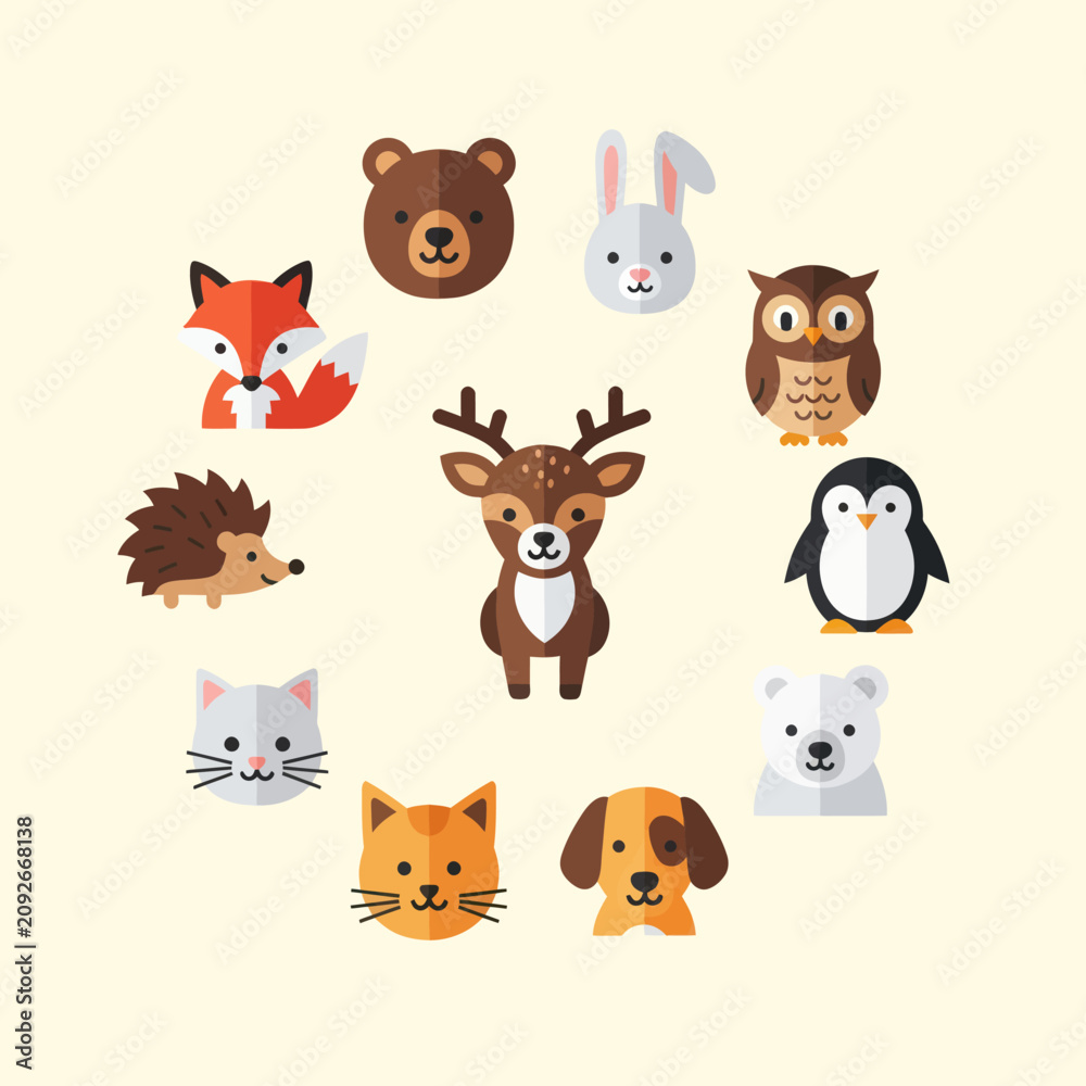 Fototapeta premium Cute Woodland Animals Collection - Flat Design Vector Icons