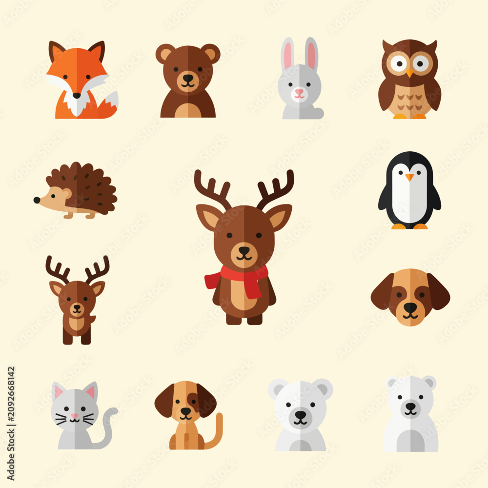 Naklejka premium Cute Woodland Animals Collection - Fox, Bear, Deer, Owl, Penguin, Dog, Cat
