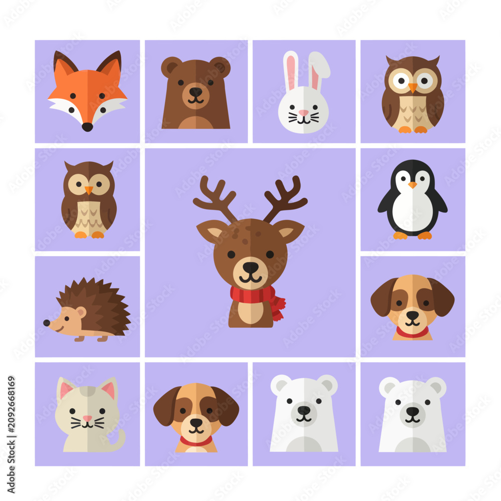 Obraz premium Cute Woodland Animals Collection - Fox, Bear, Rabbit, Owl, Deer, Penguin, Dog, Cat
