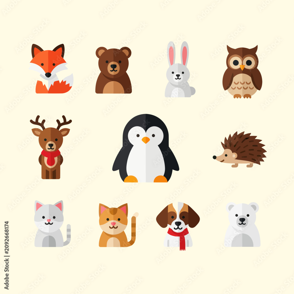 Fototapeta premium Cute Woodland Animals Collection - Fox, Bear, Rabbit, Owl, Deer, Penguin, Hedgehog, Cat, Dog