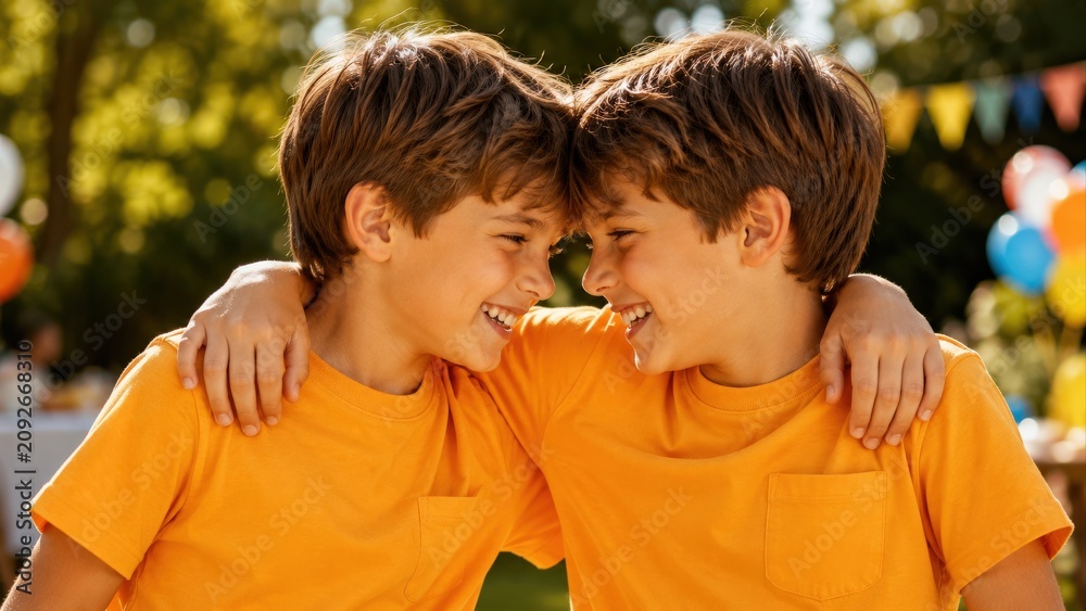 Fototapeta premium Twin Boys Laughing With Arms Around Each Other at Birthday Party