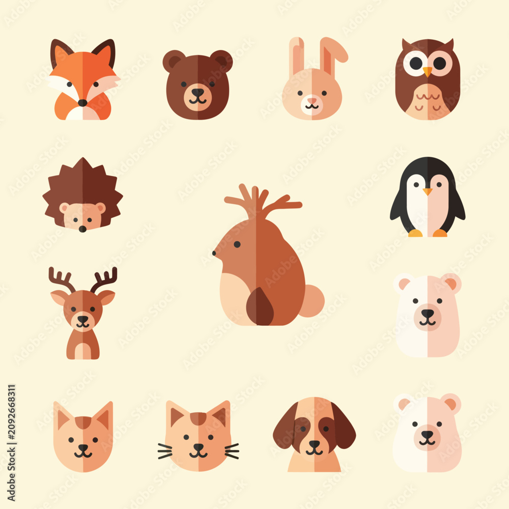 Obraz premium Cute Woodland Animals Collection: Fox, Bear, Rabbit, Owl, Penguin, Deer, Dog, Cat