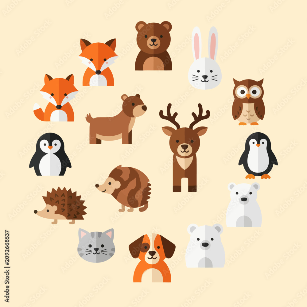 Naklejka premium Cute Woodland Animals Collection: Fox, Bear, Rabbit, Owl, Penguin, Deer, Hedgehog, Dog, Cat