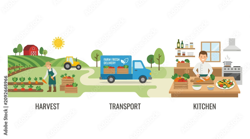 Fototapeta premium Vector illustration showing the process of harvesting, transporting and preparing fresh farm produce