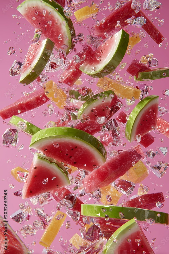 Obraz premium Dynamic floating watermelon slices and yellow fruit chunks mixed with ice cubes against a vibrant pink backdrop.
